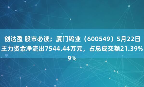 创达盈 股市必读：厦门钨业（600549）5月22日主力资金净流出7544.44万元，占总成交额21.39%